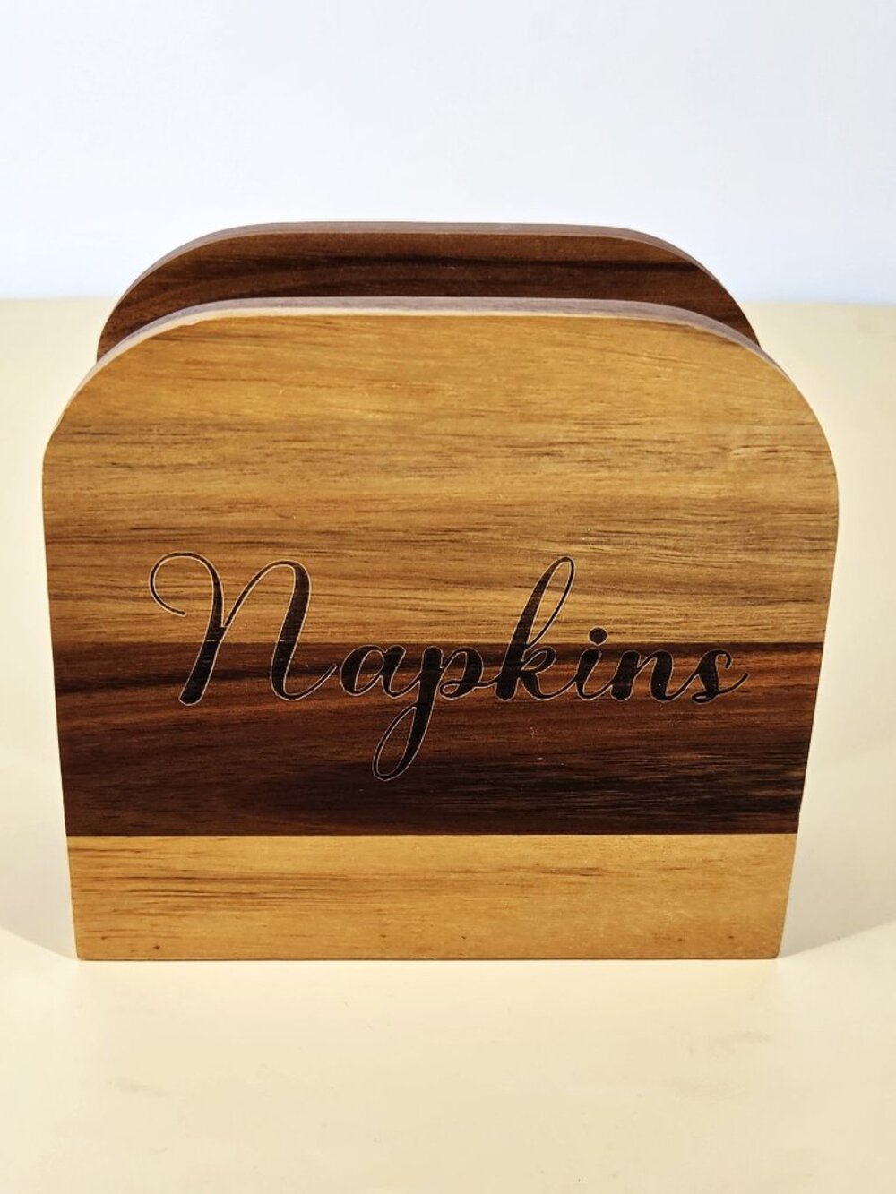 Acacia Wood Multigrain Shades Laser Engraved "Napkins" Tabletop Napkin Holder